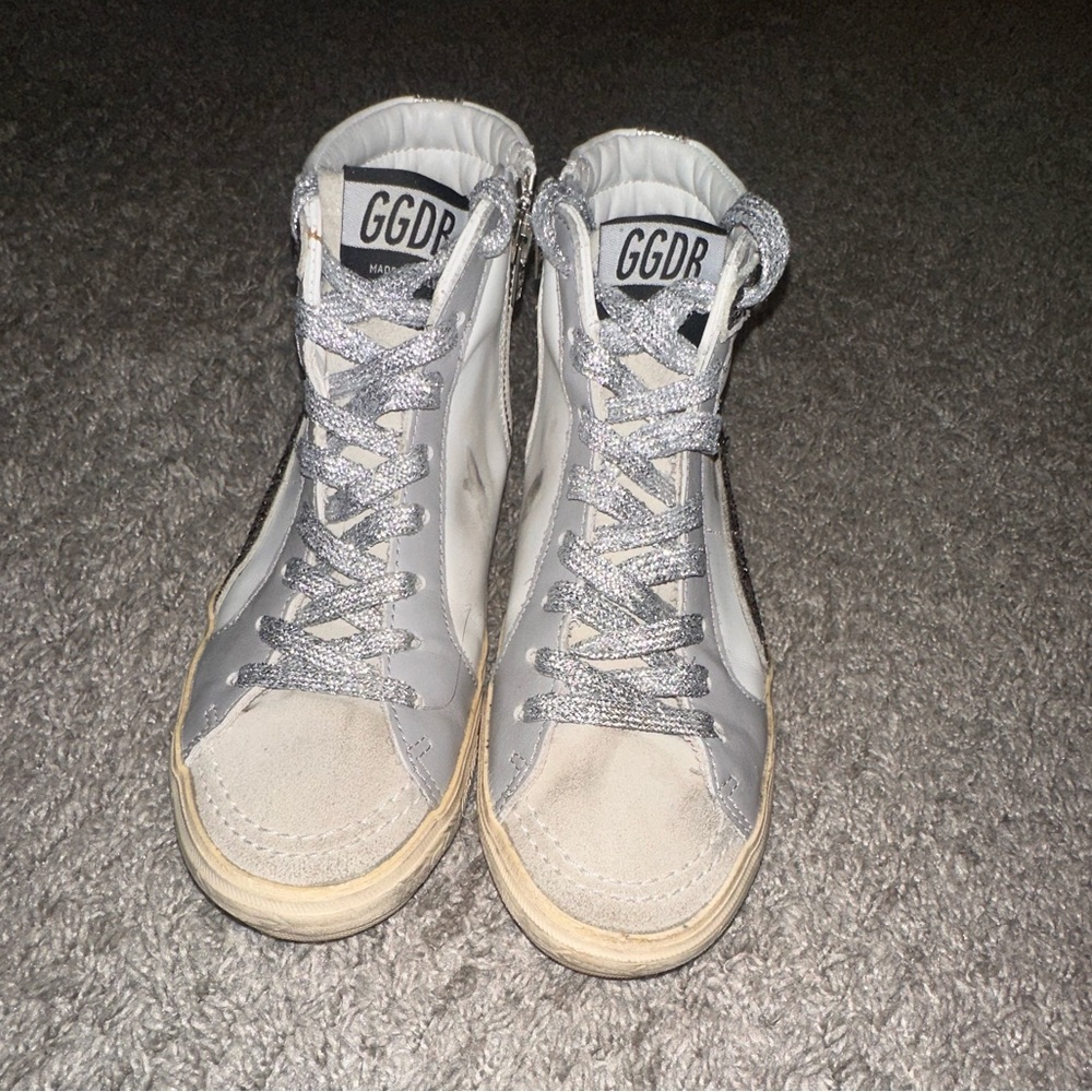Golden Goose Silver and White High-Top Sneakers